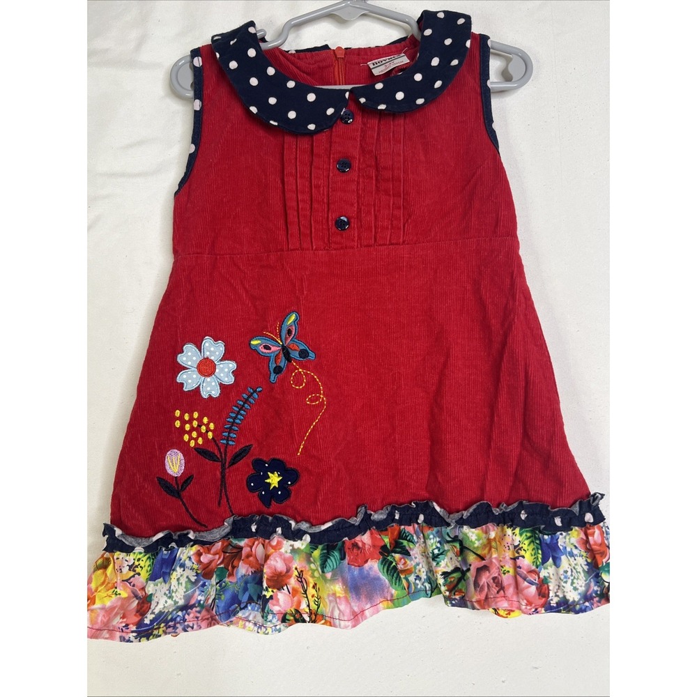 Novatx Girls Dress 3-4 years‎ Red Polka Dot Collar Floral Embroidered Ruffle Hem